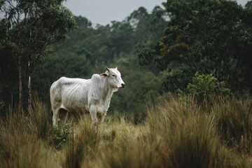 Obraz premium White cow in lush, green forest