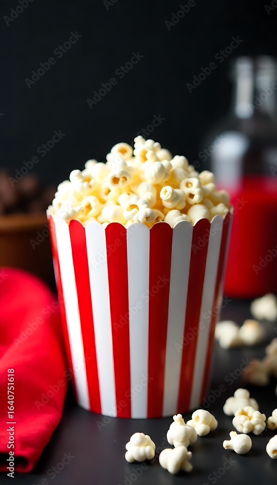 Poster generative ai image: a vivid close-up of popcorn in a classic red and white striped container and