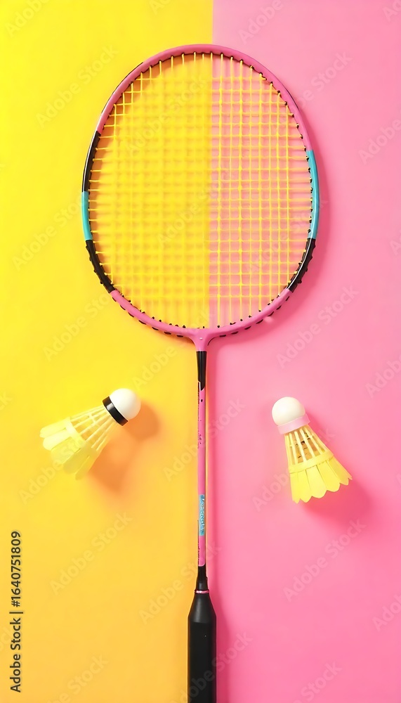 Poster generative ai image: badminton racket and shuttlecocks set against vibrant dual-toned background