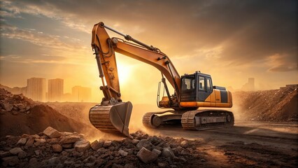 Excavator construction equipment heavy machinery earthmoving digger industrial vehicle sunset landscape