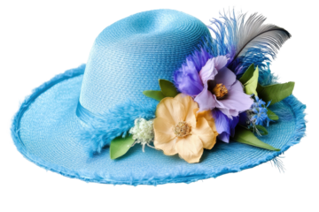 Elegant pastel blue ladies hat adorned with vibrant flowers and delicate feathers for spring fashion events