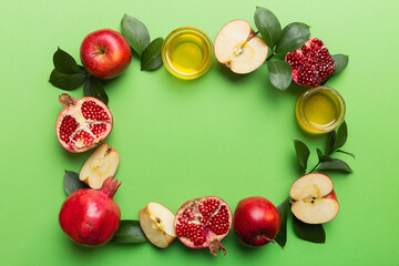 Rosh hashanah concept. Frame made of symbols jewish New Year holiday Traditional. Top view with copy space