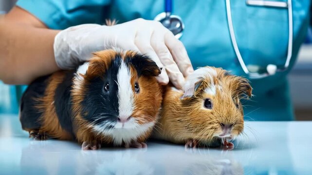 young guinea pigs are petted by the vet