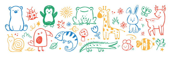 Set of cute animals with organic texture of crayon, chalk or pastel . Bear, giraffe, dear, bunny. Color vector illustration on a white background.