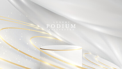 Luxury abstract white background with empty gold podium glitter light effect decoration. Modern banner product scene premium design.
