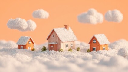 Miniature winter houses on fluffy clouds