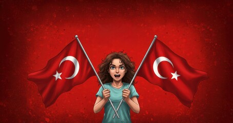 A Young Girl's Turkish Pride: A young, joyful girl stands with beaming enthusiasm, proudly brandishing two Turkish flags against a vibrant red backdrop. She radiates patriotism.