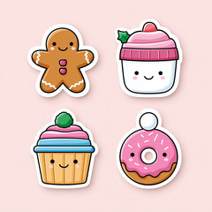 kawaii food sticker pack: gingerbread, pudding, donuts, faces and hats,