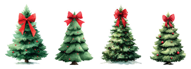 Watercolor set of Christmas trees decorated with a large red bow. Christmas tree decorated with a large red bow made of red velvet. Vintage Christmas tree decor. Christmas elements.
