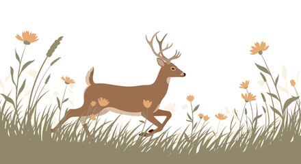 Deer Running Through Meadow With Wildflowers On A Sunny Day Illustration