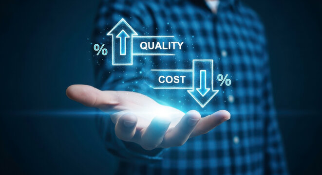 A hand presenting digital projections of quality increase and cost decrease on a dark blue background
