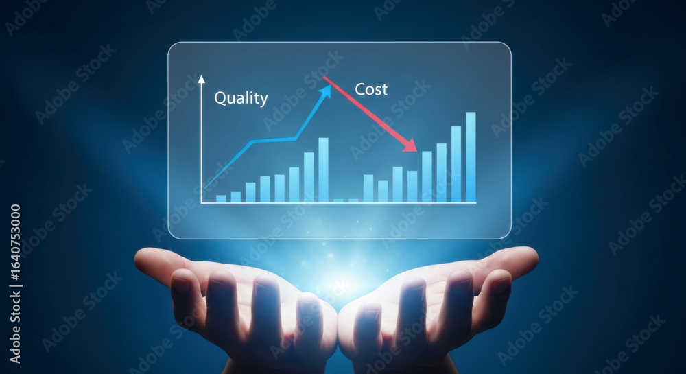 Poster hands presenting a digital screen showing a graph of quality increasing and cost decreasing trends