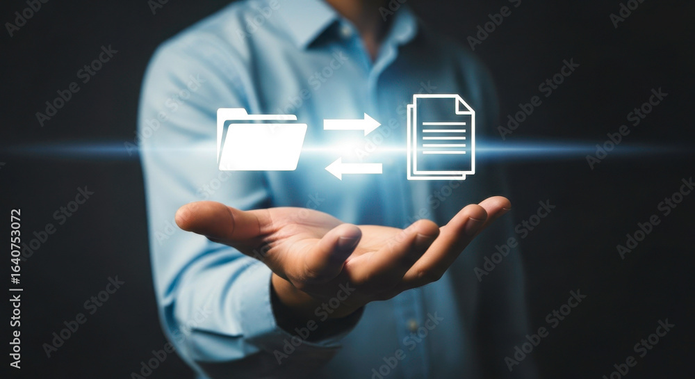 Poster a man presenting a digital file transfer concept with folder document and arrow icons on his open pa