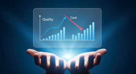 Hands presenting a digital screen showing a graph of quality increasing and cost decreasing trends