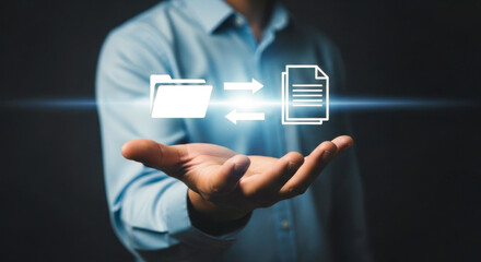 A man presenting a digital file transfer concept with folder document and arrow icons on his open palm