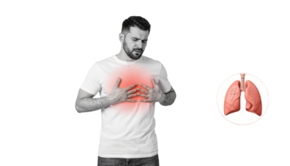 Man Coughing and Holding Upper Chest for Health and Medical Concept Isolated on White Background
