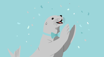 Delightful Seal Celebration: A charming cartoon illustration of a joyful seal celebrating a special occasion under a shower of confetti