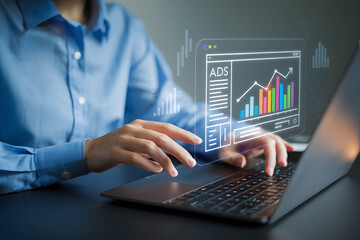 Businesswoman Analyzing Digital Marketing Dashboard. AI Generated 