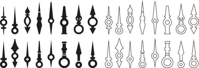 Clock hand icon set in flat, line style. Vintage timepiece pointer vectors, antique watch needle silhouette, retro dial indicator symbol, classic timer illustration isolated on transparent background.
