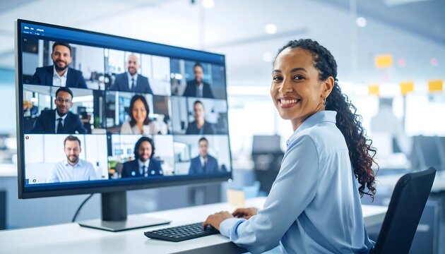 Smiling businesswoman leads virtual meeting with diverse team on large screen in modern office