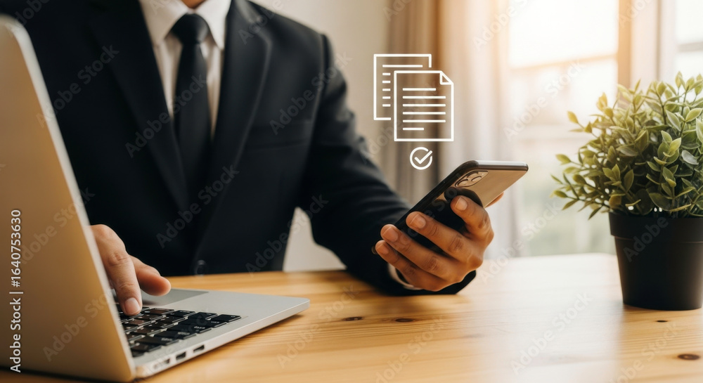 Poster a businessman in a suit using a laptop and a smartphone with document approval icon overlayed on the