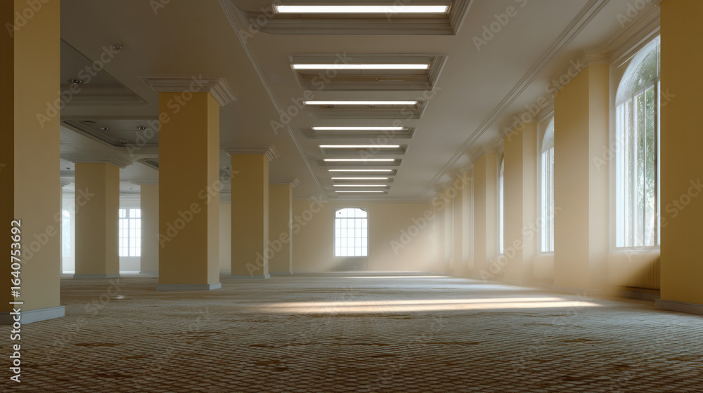 Poster spacious empty interior with yellow columns, large arched windows, patterned carpet, and soft natura