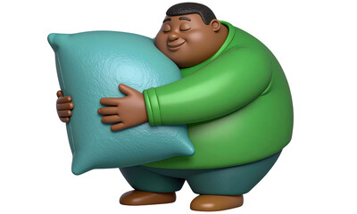 Happy man hugging blue pillow, wearing green shirt, closed eyes, relaxed expression, cartoon style, 3D illustration, isolated on transparency background