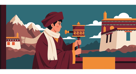 Devotee Spinning Prayer Wheel In A Tranquil Tibetan Landscape Scene