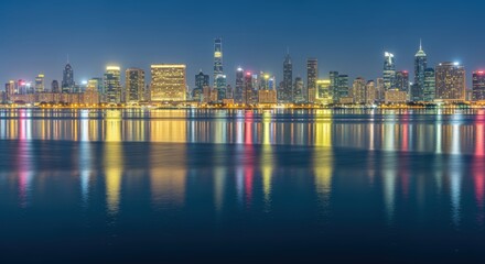 Fototapeta premium Illuminated Cityscape at Night Reflecting on Water, Modern Urban Skyline with Glowing Buildings