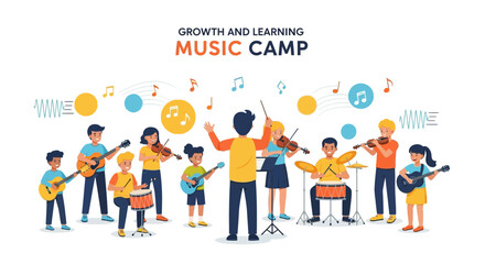 Diverse children happily playing instruments together at a vibrant music camp setting perfect for education promotion