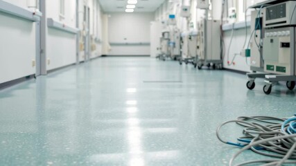 Health system issues. Hospital corridor health system issues with medical equipment and tangled cables highlight safety concerns - Powered by Adobe
