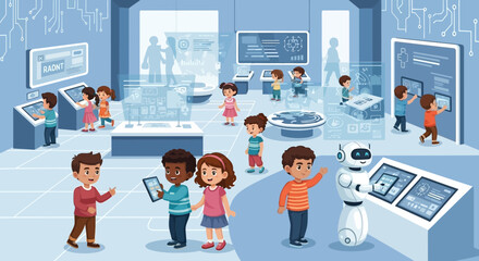 Diverse group of children explore interactive technology in a futuristic museum exhibit
