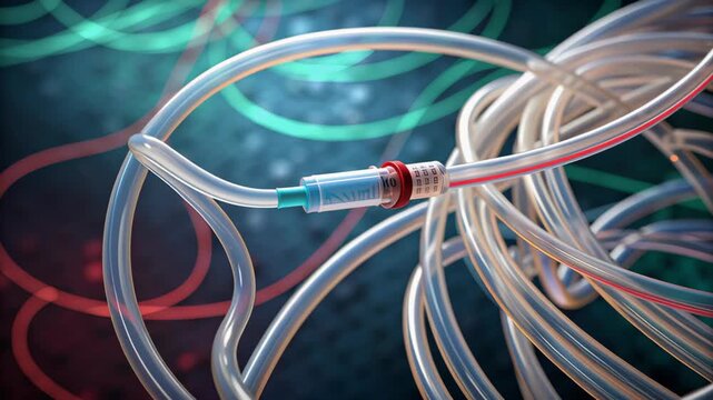 Health system issues. Medical tubing health system issues with tangled transparent plastic tube and connector highlighting