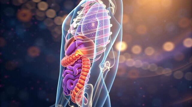 Health system issues. Health system illustration of human anatomy highlighting digestive organ issues, gastrointestinal health