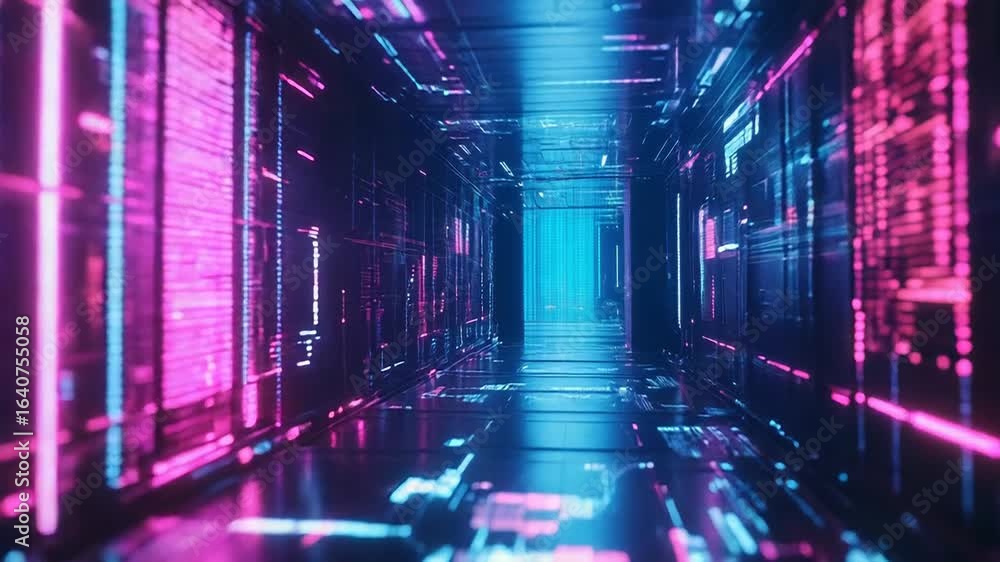 Poster futuristic server room corridor with glowing lines of code