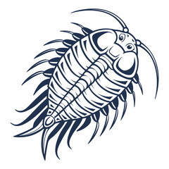 Monochrome drawing of a stylized trilobite fossil with detailed segmented body