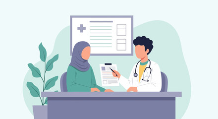 Doctor consulting muslim female patient discussing medical report during consultation at clinic modern healthcare concept vector illustration