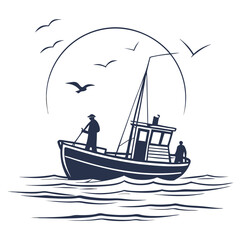 Monochrome illustration of a fishing boat sailing on the sea at dawn