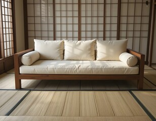 Relax in this tranquil Japanese style living room with comfortable couch and tatami mats, perfect for serene living