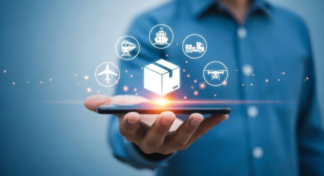 Person holding a phone with shipping icons floating above it representing global delivery services