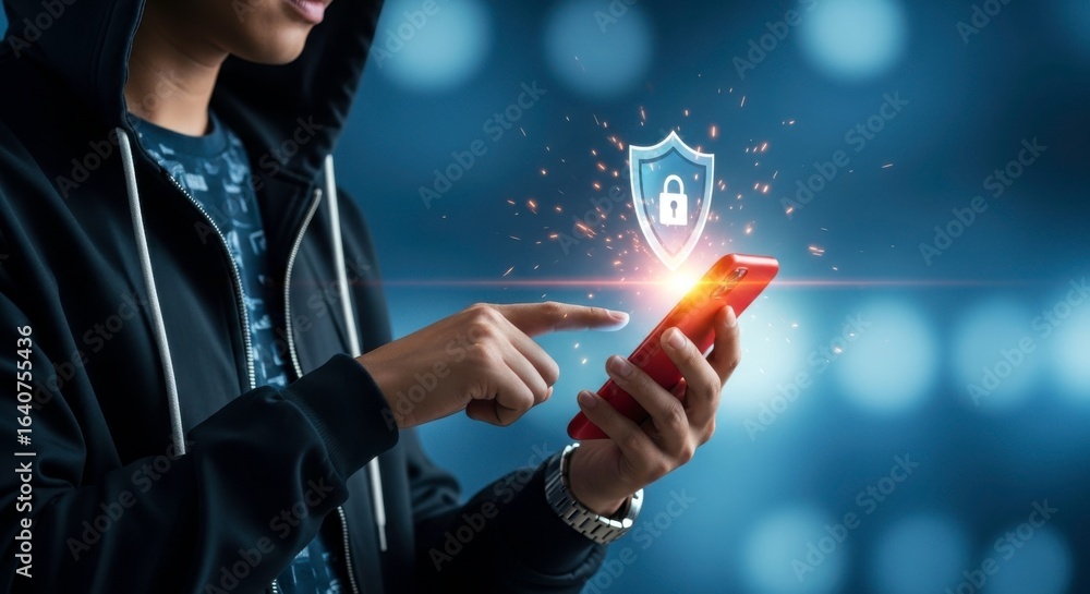Poster person in hoodie using a phone with a security shield and padlock overlay on a blue background effec