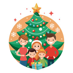 Happy family celebrating christmas together in front of a decorated tree