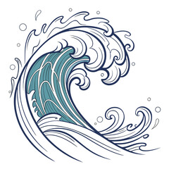 Stylized illustration of a large ocean wave with foam and bubbles