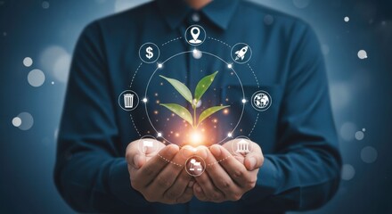 Man holding plant with digital icons representing sustainability and growth in a blue background