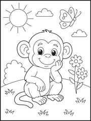  cute baby monkey coloring page for kids. Black and white Printable animal coloring page for kids