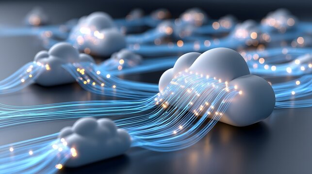 Abstract cloud computing concept with floating cloud icons and glowing data streams