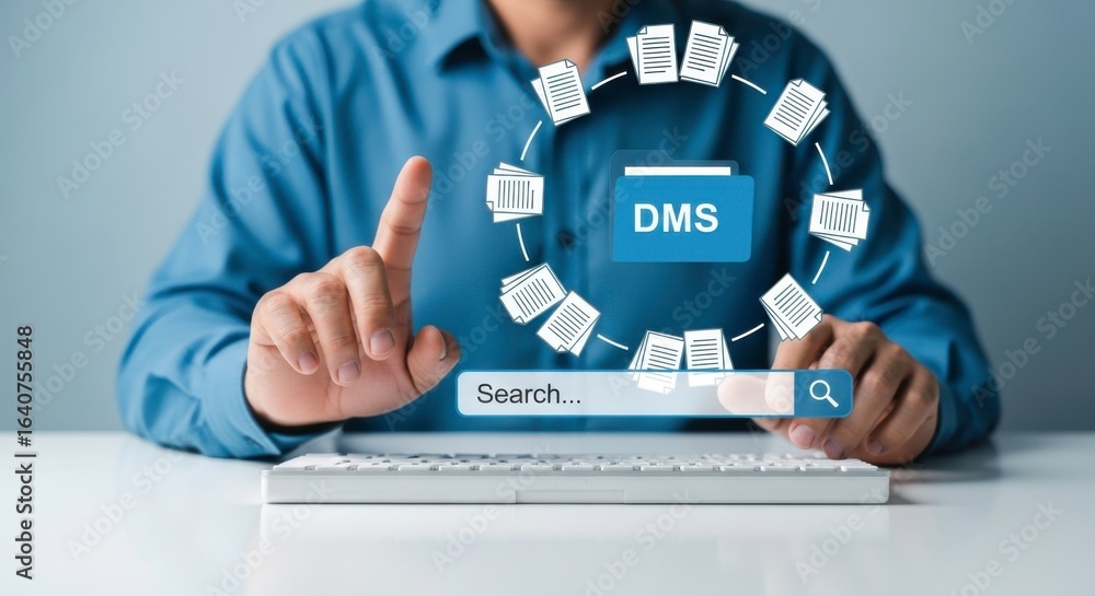Poster person using document management system with search bar and folder surrounded by document icons