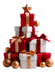 Stacked red and white gift boxes with ribbons and bows, decorated with gold balls and a star on top with a transparent background. Clipart of Christmas, New Year and holiday designs