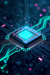 High-tech computer processor with glowing circuits and digital data streams.