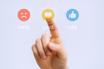 Hand pressing love button with dislike and like icons for social media feedback